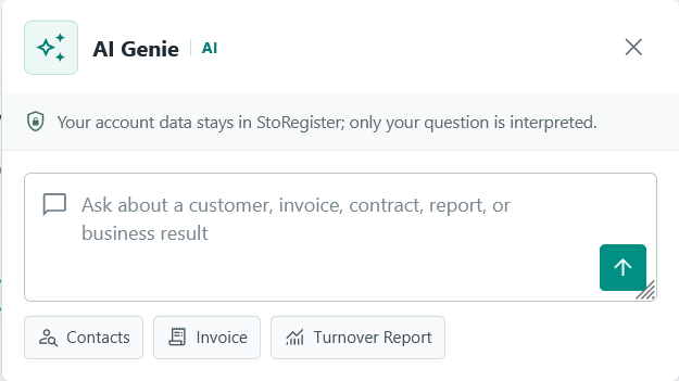 Pannello domande AI Genie di StoRegister con collegamenti rapidi a contatti, fatture e report sul fatturato