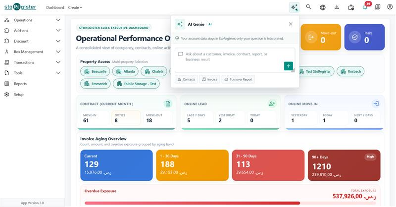 StoRegister Sleek dashboard with AI Genie open for questions about customers, invoices, contracts and reports
