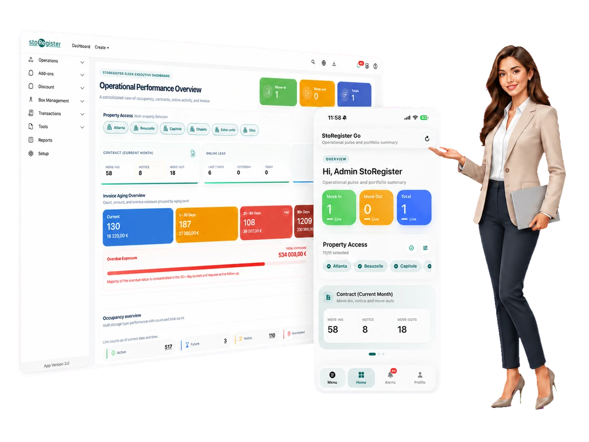 StoRegister Sleek dashboard di gestione del self storage con l'applicazione mobile dell'operatore StoRegister Go