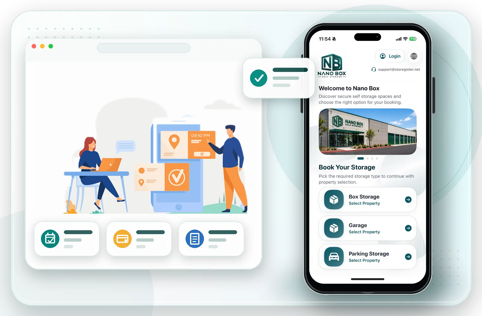 StoRegister Mini Store mobile booking interface for storage discovery and unit selection