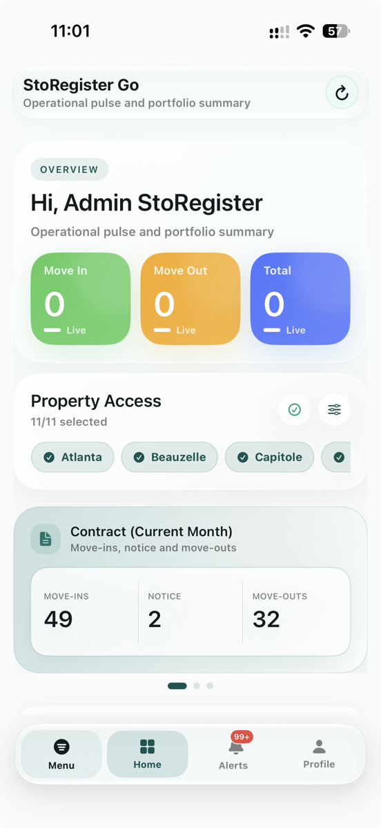 StoRegister Sleek Go mobile dashboard showing portfolio activity and property access