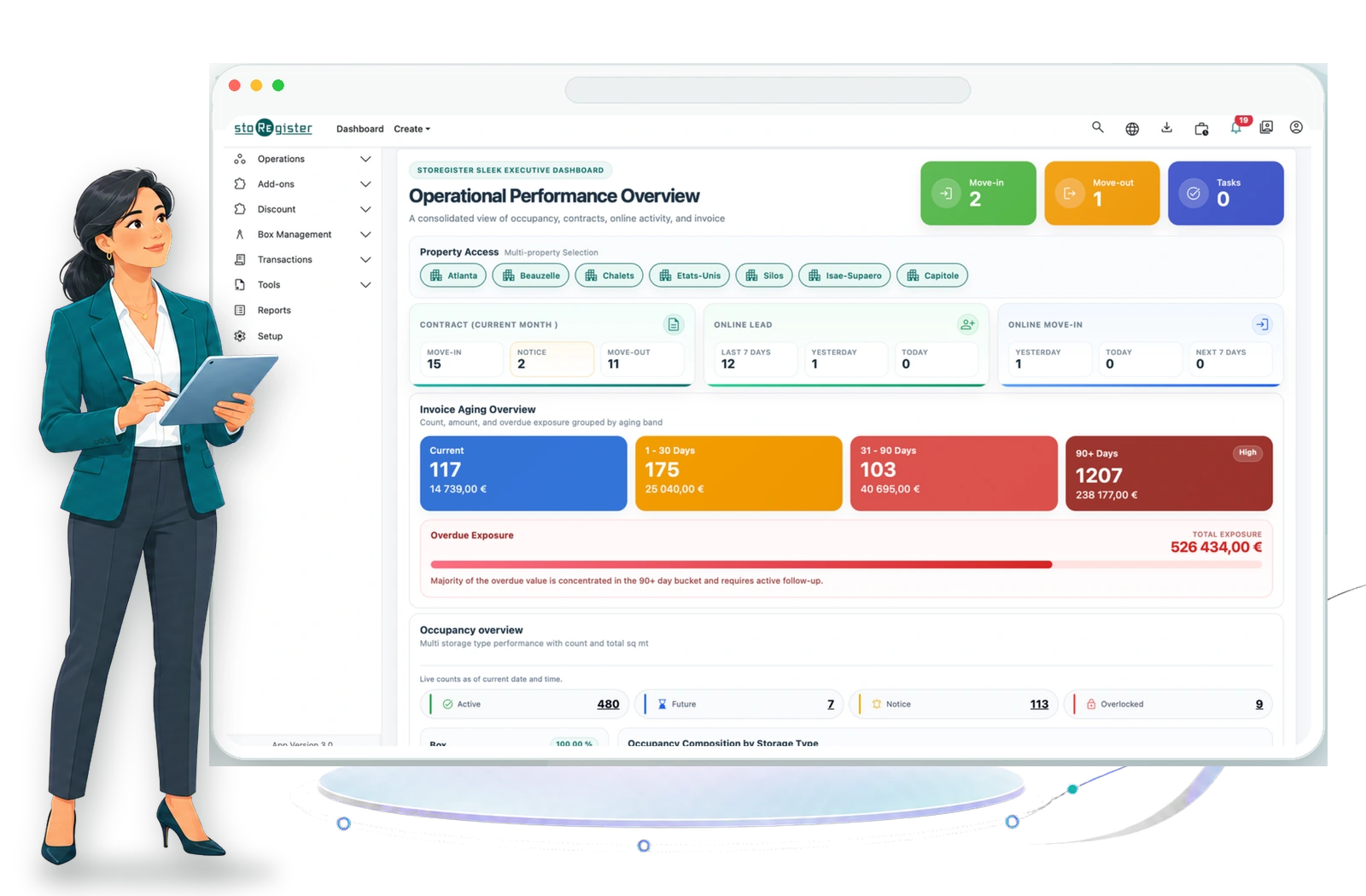 Professional self-storage operator reviewing the StoRegister Sleek multi-property dashboard