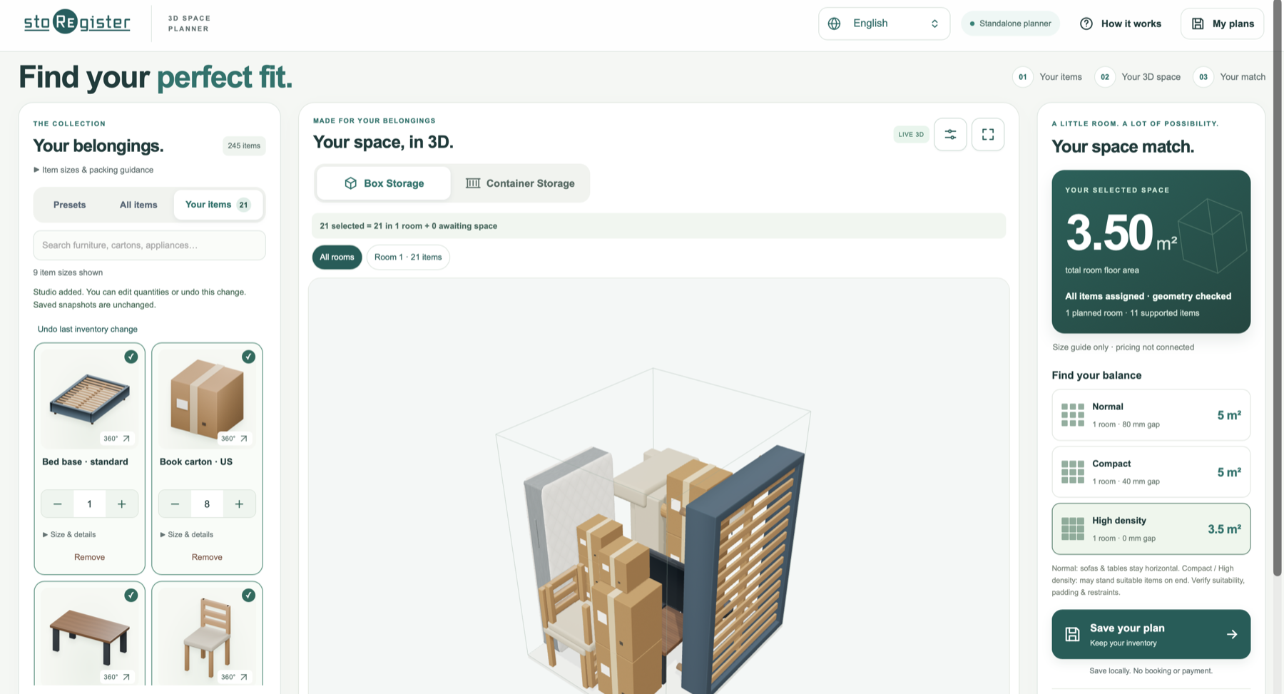Webproduktets inventarliste med møbelminiaturer og mængdekontrol