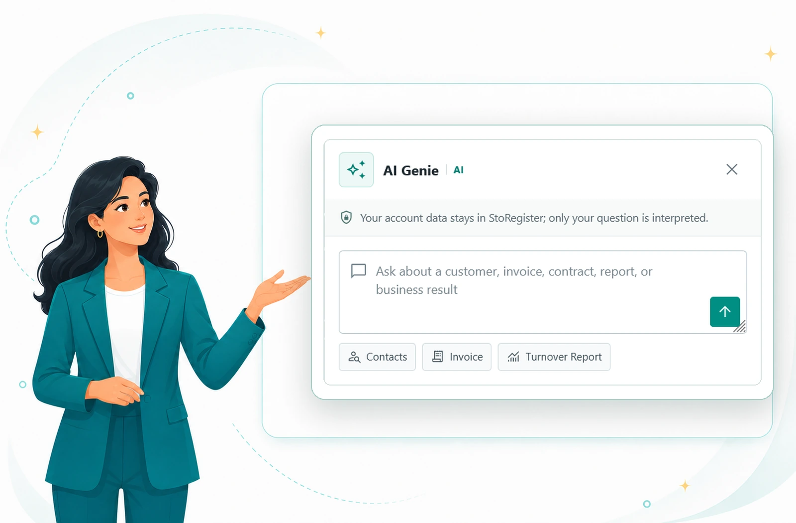 StoRegister product specialist presenting the AI Genie question window for customers, invoices and reports