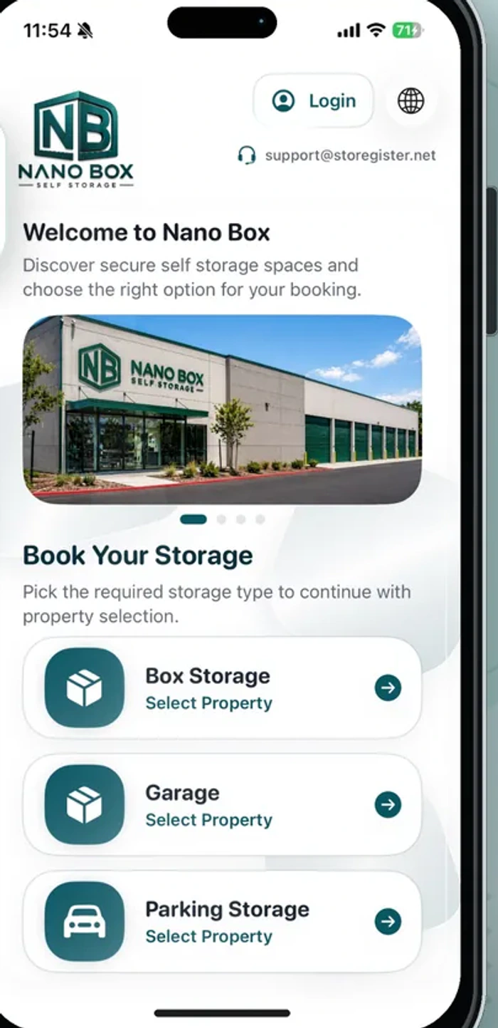 Schermata di prenotazione mobile Mini Store che mostra il rilevamento della proprietà e la selezione del tipo di deposito
