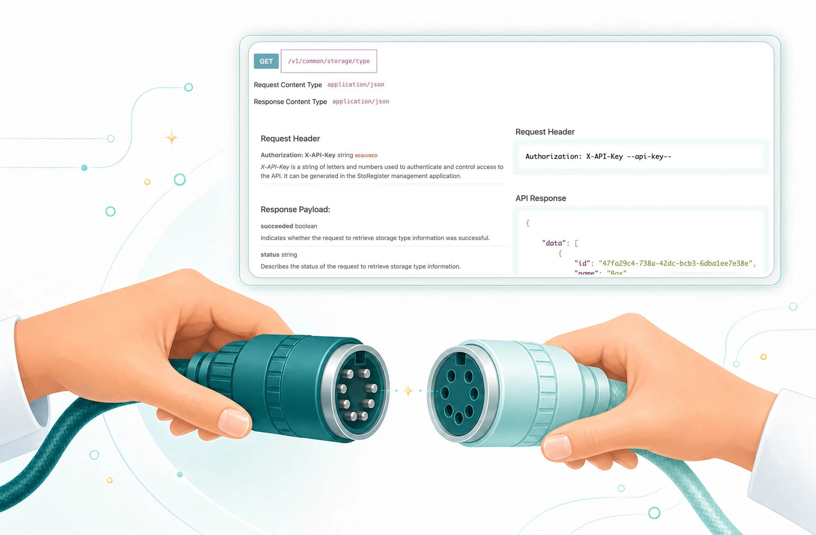 Two hands align compatible data connectors beneath the StoRegister Open API documentation