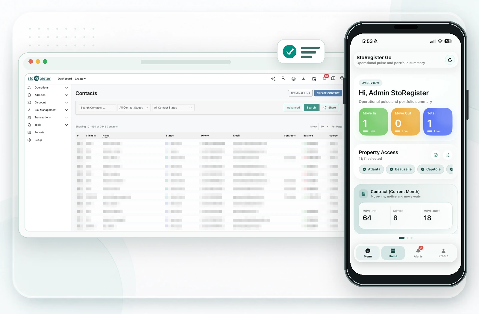 StoRegister Sleek contacts workspace on desktop beside the StoRegister Go iOS operations overview