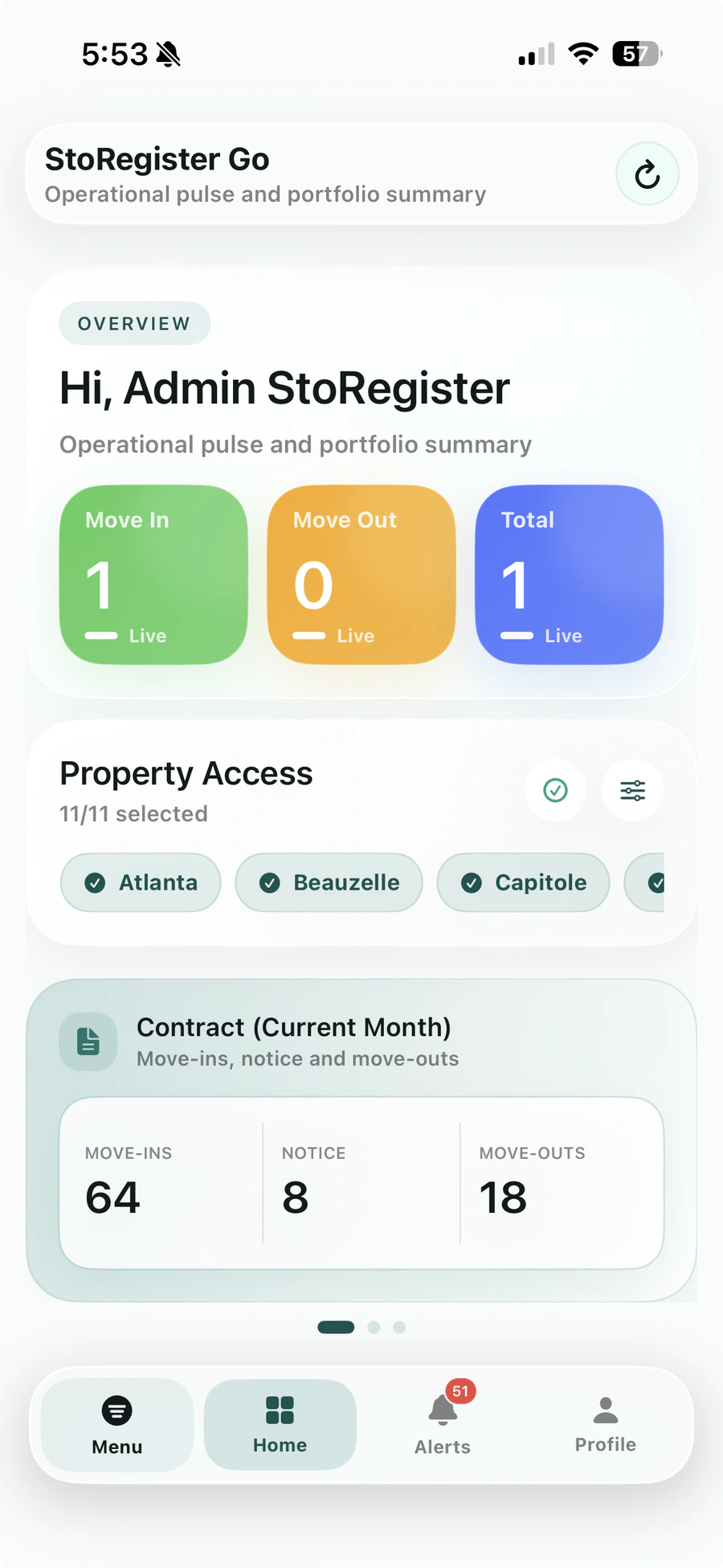 StoRegister Go dashboard mobile che mostra i conteggi operativi, l'accesso alla proprietà e l'attività contrattuale