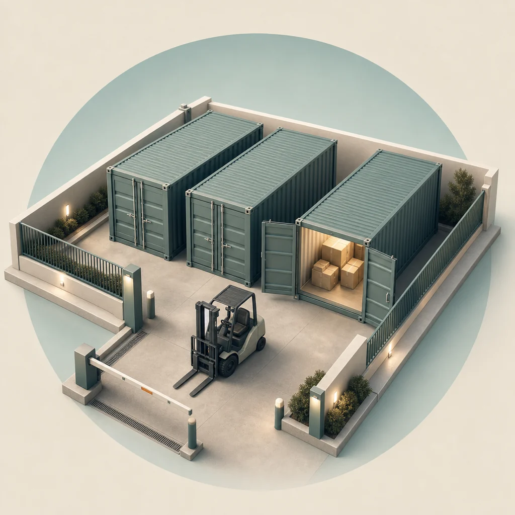 Isometric shipping containers arranged in a managed storage yard