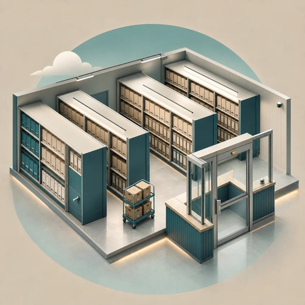 Secure physical archive with high-density shelving and document boxes