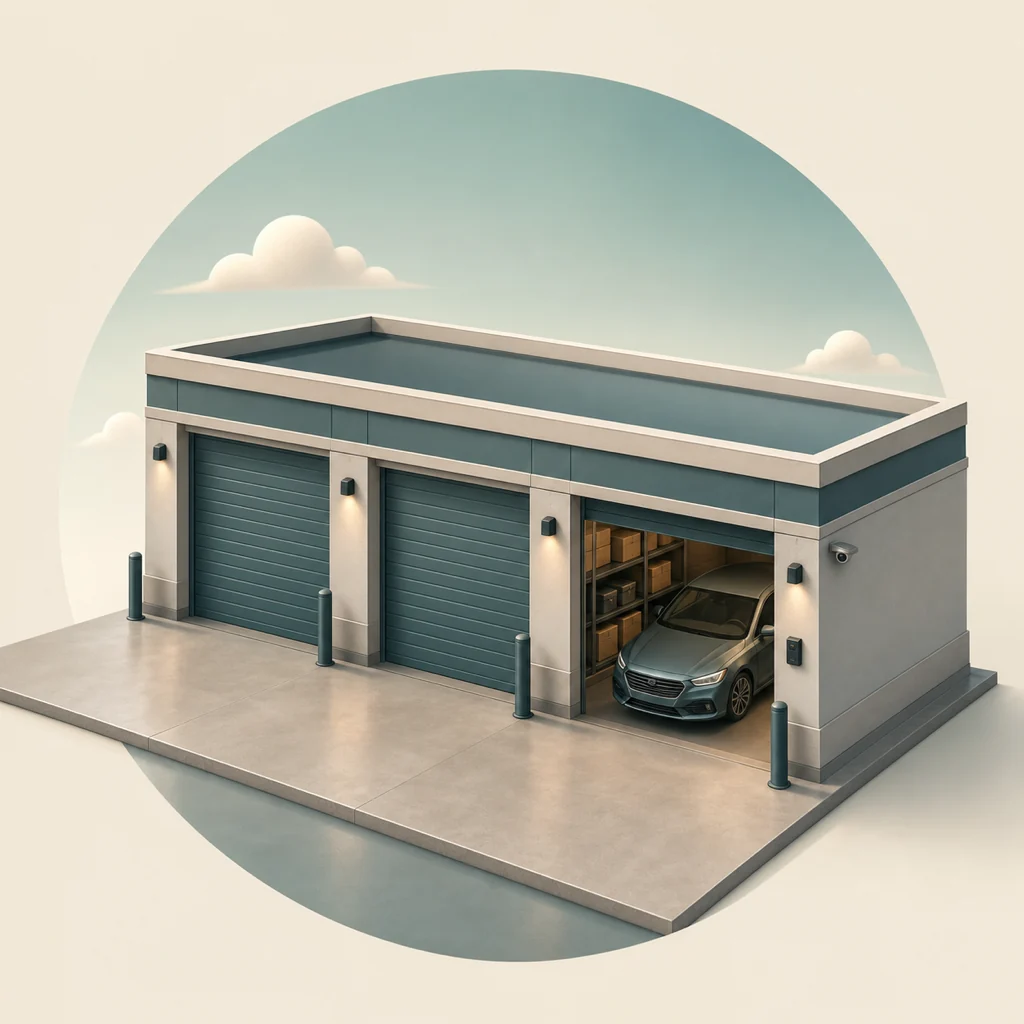Purpose-built rentable garage storage bays with a securely stored vehicle