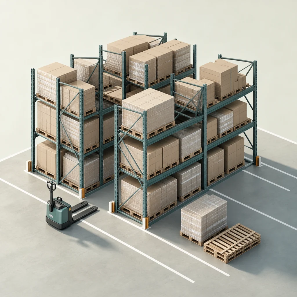 Professional pallet-storage racks with organised palletised goods