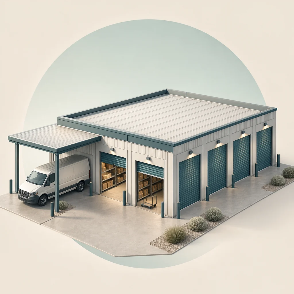 Isometric view of a modern self-storage facility with rentable units