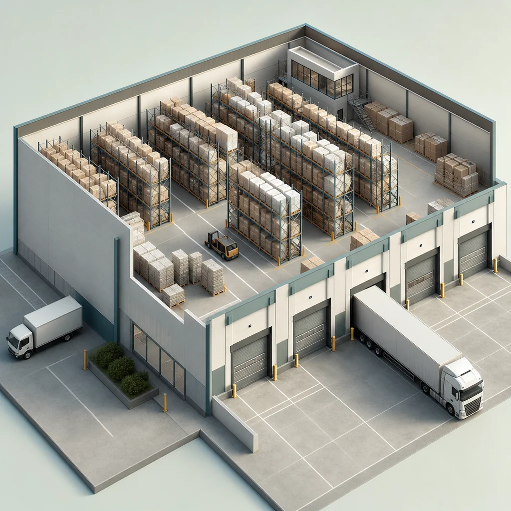 Modern warehouse storage facility with zoned bays and tall racking